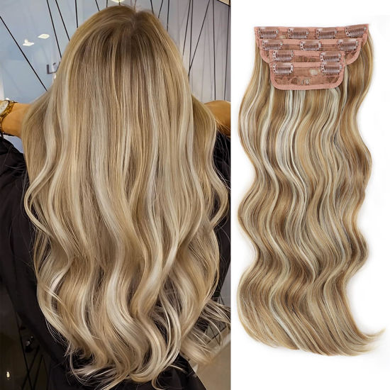 Picture of Vigorous Clip in Hair Extensions 4Pcs Blonde mix Platinum Blonde Hair Extensions Clip Ins 20Inch Natural Soft Synthetic Hairpieces for Women