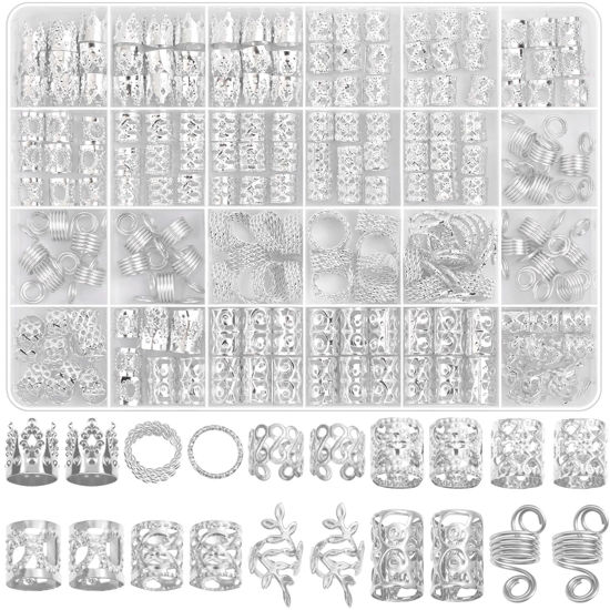 Picture of Lucomb 220 Pcs Silver Hair Jewelry for Braids, Loc Jewelry for Hair Dreadlock, Hair Charms for Women, Metal Silver Braids Rings Cuffs Clips for Dreadlock Accessories Hair Braids Jewelry Decorations
