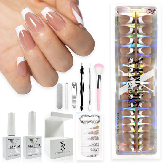 Picture of SXC Cosmetics French Tip Press On Nails Brown Series, Small Coffin X-Pro Tips Starter Kit