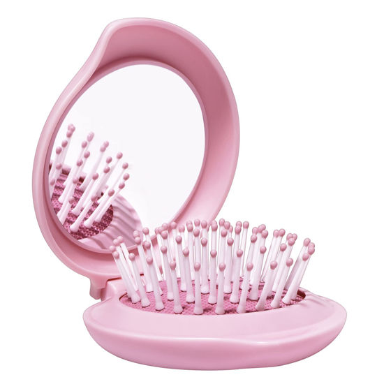Picture of Arthaxi Travel Hair Brush with Mirror for Purse/Backpack, Mini Folding Hair Brush and Kawaii Pink Portable Makeup Mirror Set, Gifts for Girls