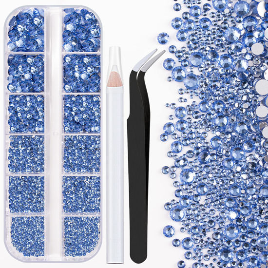 Picture of One Pack 2000 Pcs of Flatback Round Sky Blue Rhinestones 6 Sizes (1.5-6 mm) with Nail Art Rhinestone Picker Pencil And Tweezer For DIY And Salon Use