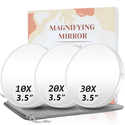 Picture of Magnifying Mirror, 10X & 20X & 30X Set, Magnified Mirror 3.5" with Two Suction Cups, Travel Magnifying Mirror Set Comes with Portable Storage Bag, Compact Small Magnifying Mirror for Travel(White)