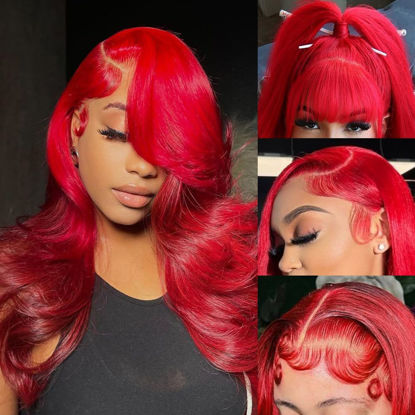 Picture of Red Lace Front Wigs Human Hair Pre Plucked 13x4 Body Wave Colored Red Human Hair Wig Hd Lace Frontal Wigs Human Hair 180% Density Glueless Wigs Human Hair 20 Inch