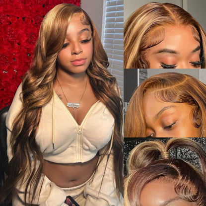 Picture of KeaBalo Highlight Ombre Lace Front Wigs Human Hair Pre Plucked with Baby Hair 13x4 Body Wave Frontal Wigs Human Hair 180% Density 4/27 Colored Honey Blonde Lace Front Wig Human Hair for Women 28 Inch