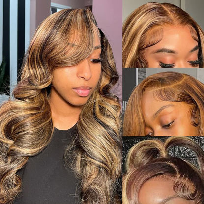 Picture of KeaBalo Highlight Ombre Lace Front Wigs Human Hair Pre Plucked with Baby Hair 13x4 Body Wave Frontal Wigs Human Hair 180% Density 4/27 Colored Honey Blonde Lace Front Wig Human Hair for Women 24 Inch