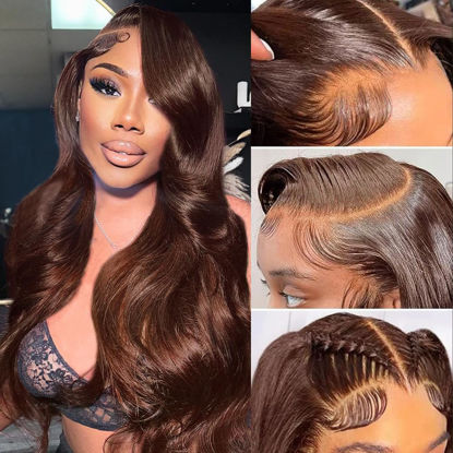 Picture of KeaBalo Chocolate Brown Lace Front Wig Human Hair Pre Plucked 13x4 Hd Lace Body Wave Frontal Wigs Human Hair 4# Brown Colored Wigs Human Hair 180% Density Glueless Wigs 24inch