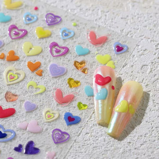 Picture of 5D Embossed Colorful Heart Nail Art Stickers Valentine's Day Nail Decals Self Adhesive Love Nail Stickers for Nail Art Charm Nail Design for Women Nail Supplies Nail Art Decorations Accessories