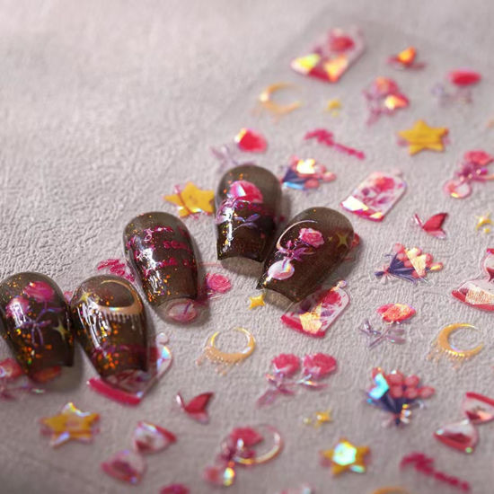 Picture of 5D Embossed Pink Nail Stickers for Nail Art Flower Star Moon Nail Art Decals Self Adhesive Valentine's Day Nail Art Stickers Romance Manicure Supplies Charm Nail Design for Women