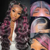 Picture of KeaBalo Ombre Lace Front Wig Human Hair Skunk Stripe Human Hair Wigs 13x4 Hd Lace Frontal Body Wave Highlight Pink Human Hair Wig Pink and Black Colored Wigs Human Hair 180% Density 32 Inch