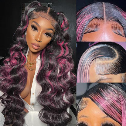 Picture of KeaBalo Ombre Lace Front Wig Human Hair Skunk Stripe Human Hair Wigs 13x4 Hd Lace Frontal Body Wave Highlight Pink Human Hair Wig Pink and Black Colored Wigs Human Hair 180% Density 32 Inch