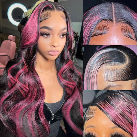 Picture of KeaBalo Ombre Lace Front Wig Human Hair Skunk Stripe Human Hair Wigs 13x4 Hd Lace Frontal Body Wave Highlight Pink Human Hair Wig Pink and Black Colored Wigs Human Hair 180% Density 22 Inch