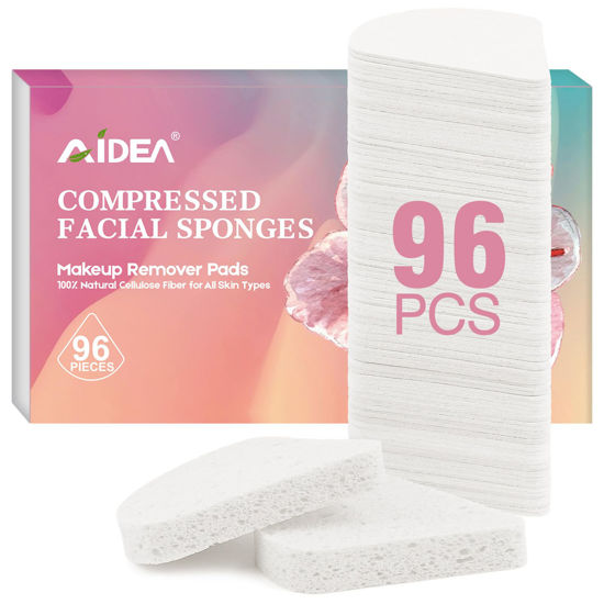 Picture of 96Count Compressed Facial Sponges White, AIDEA Reusable Makeup Remover Pads, Travel Essentials, Face Cleansing Pads, Natural Cellulose Cosmetic Spa Sponges for Facial Cleansing, Exfoliating Pads