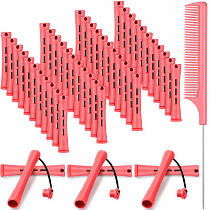 Picture of 48 Pieces Hair Perm Rods Short Cold Wave Rods Plastic Perming Rods Hair Curling Rollers Curlers with Steel Pintail Comb Rat Tail Comb for Hairdressing Styling Supplies (0.51 Inch, Pink)