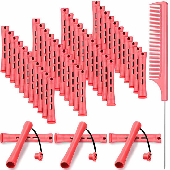 Picture of 48 Pieces Hair Perm Rods Short Cold Wave Rods Plastic Perming Rods Hair Curling Rollers Curlers with Steel Pintail Comb Rat Tail Comb for Hairdressing Styling Supplies (0.51 Inch, Pink)