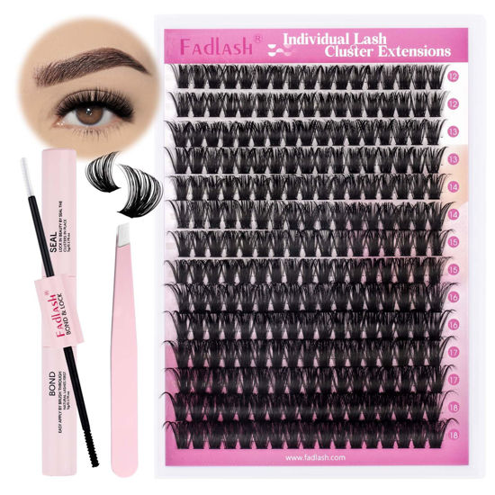 Picture of FADLASH DIY Lash Extension Kit Individual Lashes Cluster D Curl Eyelash Extension Kit with Lash Bond and Seal and Lash Applicator Tool for Self Application at Home (80D-0.07D-12-18MIX KIT)