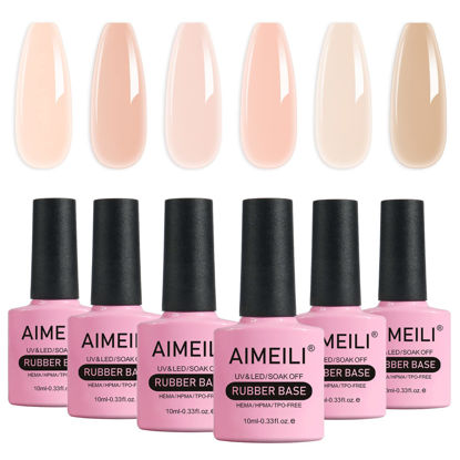Picture of AIMEILI Hema Free Rubber Base Gel For Nails, Soak Off U V LED Clear Sheer 4 in 1 Nail Strengthen/Enhance/Base Coat/Color Gel Polish Set Of 6pcs X 10ml - Kit 45