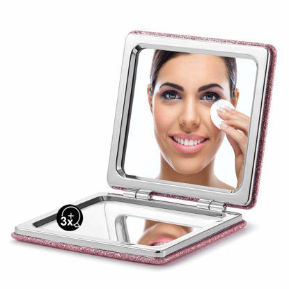 Picture of OMIRO Compact Mirror, Glitter PU 1X/3X Magnification, Ultra Portable for Purses (Pink)