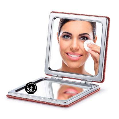 Picture of OMIRO Compact Mirror, Glitter PU 1X/3X Magnification, Ultra Portable for Purses (Red)