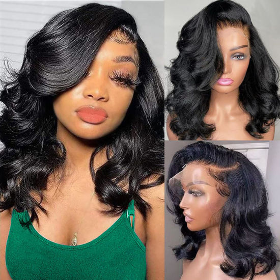 Picture of Body Wave 13x6 HD Lace Front Wigs Human Hair 200% Density Bob Wig Human Hair Pre Plucked Short Bob Wigs for Black Women Glueless Frontal Wig Human Hair Natural Black Loose Wavy 14 inch Bob Wig