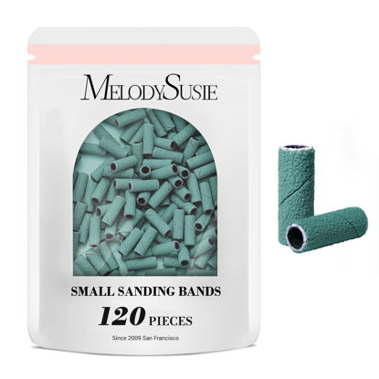 Picture of MelodySusie 120 Pcs Nail Drill Bits Small Sanding Bands for 3.1mm Mandrel Bit, 180 Fine Grit Nail File for Acrylic Nails Gel Manicures and Pedicure, Dark Green (Only Sanding Bands)