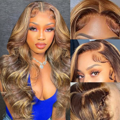Picture of Aicrelery 4/27 Highlight 13x6 Lace Front Wigs Human Hair 13x6 Honey Blonde HD Lace Front Wig Pre Plucked with Baby Hair 180% Density Highlight Ombre Body Wave Lace Frontal wig for Women 20 Inch