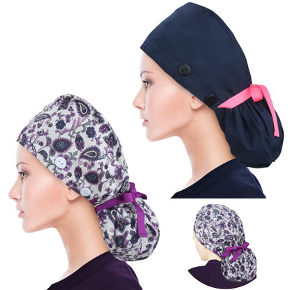 Picture of ABAMERICA Ponytail Scrub Caps for Women Surgical Caps Nurse Hat with Functional Ponytail Holder for Long Hair, Single or Satin-Lined