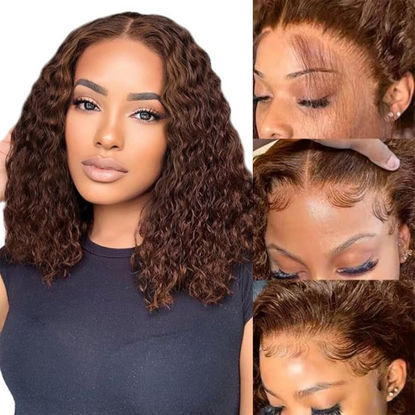 Picture of SENSAIRUITE Chocolate Brown Deep Wave Lace Front Wigs Human Hair 13x4#4 Curly Lace Front Wig Human Hair 180% Density HD Transparent Glueless Lace Frontal Wigs Pre Plucked with Baby Hair 18 Inch