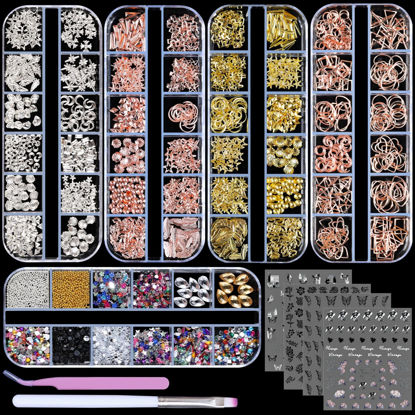Picture of editTime 5 Boxes Gold Silver Metal Nail 3D Punk Studs Star Moon Heart Triangle Square Rivet Gems Nail Art Jewels with a Curved Tweezers and a Nail Brush (gold & rose gold & silver)