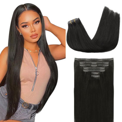 Picture of Lashey Seamless Clip in Human Hair Extensions, 110g 7pcs Straight 18 Inch Hair Extensions Natural Black 100% Real Human Hair Clip in Hair Extensions with Soft PU Skin Weft for Black Women