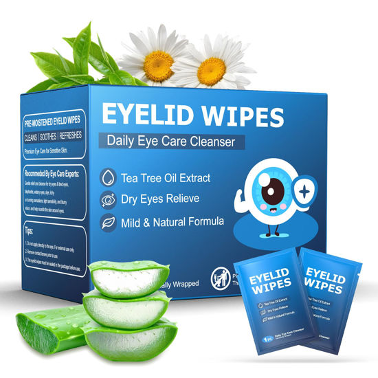 Picture of 30PCS Eyelid & Lash Wipes for Itchy & Dry Eyes, Tea Tree Oil Eyelid Wipes for Styes & Blepharitis, Daily Eye Cleansing Wipes, Hypoallergenic & Soothing For Sensitive Eyes, Stay Hydrated Lid Wipes