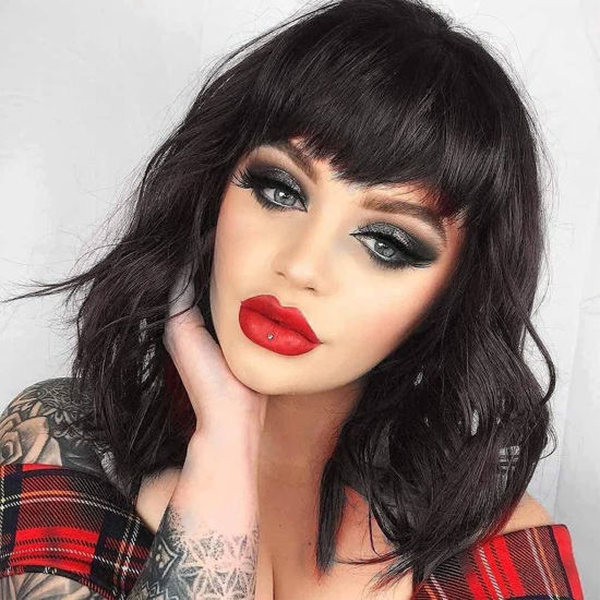 Picture of Ucubb Short Wavy Wig with Bangs for Women Black Curly Wigs Short Bob Wavy Hair Wigs Shoulder Length Wigs Synthetic Heat Resistant