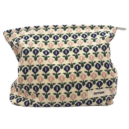 Picture of GUTGNK Corduroy Ladies Cosmetic Bag, Large Capacity Canvas Cosmetic Bag Travel Toiletry Bag Accessories Organizer, Small Blue Flowers