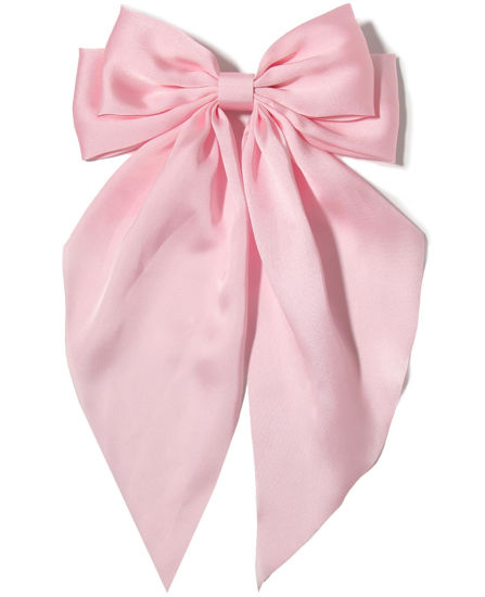 Picture of Furling Pompoms Hair Bow Clip 1pc Big Pink Satin Long-Tail Alligator Clips Hair Ribbon Bows Barrette for Women