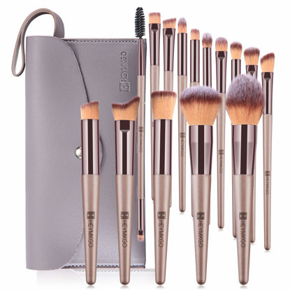 Picture of HEYMKGO Makeup Brushes 15PCS Champagne Gold Professional Makeup Brush Set Foundation Brush Blending Powder Blush Concealer Eye Make Up Brush with Bag
