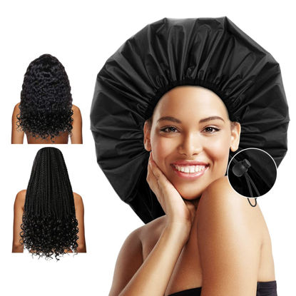 Picture of Auban Extra Large Shower Cap, Waterproof Reusable Hair Cap, XL Satin Lined Shower Bonnet for Women Men Thick Long Hair, Braids, Dreadlocks(Adjustable)