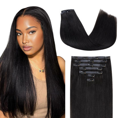 Picture of Lashey Seamless Clip in Hair Extensions Human Hair #1 Jet Black Yaki Straight Clip in Hair Extensions Real Human Hair 7pcs 110g 14 Inch PU Weft Natural Hair Extensions for Women