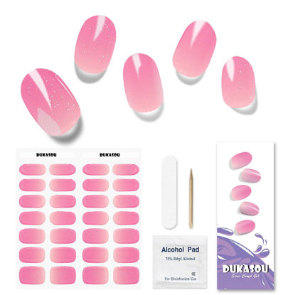 Picture of DUKASOU Semi Cured Gel Nail Strips, 28pcs Real Nail Polish Art Stickers/Wraps, Includes Prep Pads, Nail File & Wood Stick, Sticker Nails for Women Girls Kids DIY Gifts（Pink Purple)