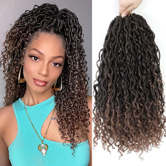 Picture of 14 Inch 8 Packs Goddess Locs Crochet Hair Pre Looped Faux Locs Crochet Hair for Women Soft Boho Hippie Locs Hair Extension Synthetic (#T30)