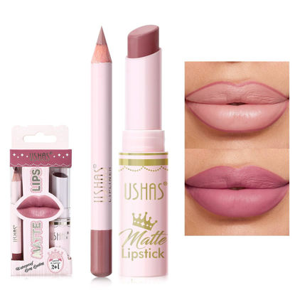 Picture of USHAS Lipstick and Lip Liner Combo Set 2 in 1 Waterproof Lipstick for Women Lip liner Set Long Lasting Lipstick, Matte Lipstick Pen with Lip Liner Set Makeup Kits (S10, Pack of 1)