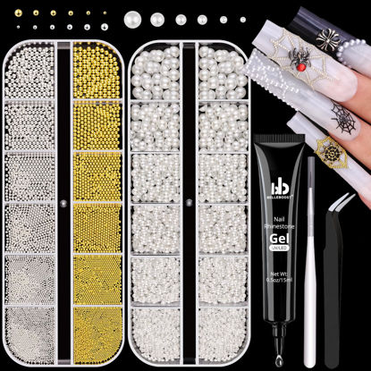 Picture of 2 Boxes Flatback Pearls (White) and Metal Nail Beads (Silver+Gold) with Rhinestones Glue Gel for Nail Art, Pearl Nail Charms and Small Round Caviar Beads Nail Accessories for Manicure Decor