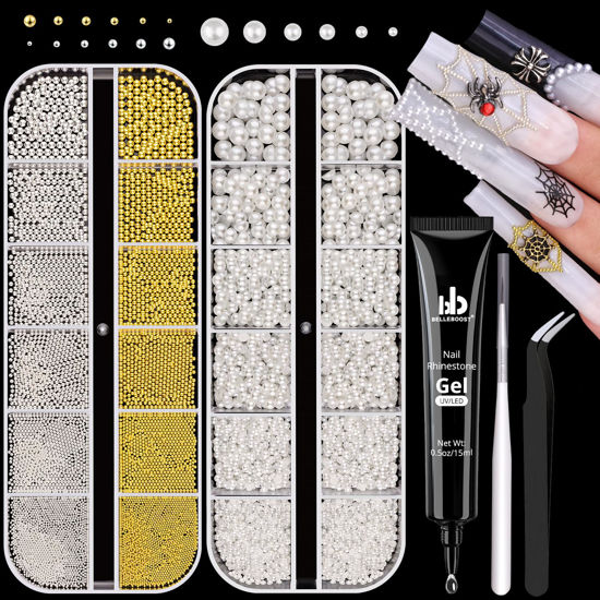 Picture of 2 Boxes Flatback Pearls (White) and Metal Nail Beads (Silver+Gold) with Rhinestones Glue Gel for Nail Art, Pearl Nail Charms and Small Round Caviar Beads Nail Accessories for Manicure Decor