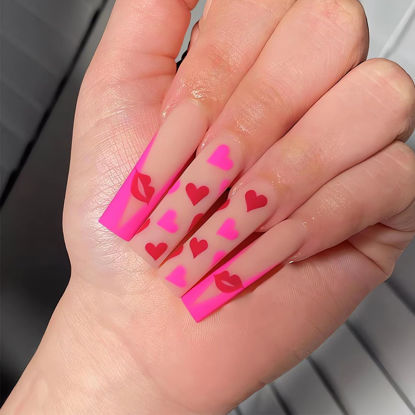 Picture of Long Valentine’s Day Press on Nails Coffin Shape Fake Nails Red Lip False Nails Pink French Tip Designs Acrylic Glue on Nail Glossy Full Cover Red Pink Heart Stick on Nails for Women Nail Art 24Pcs