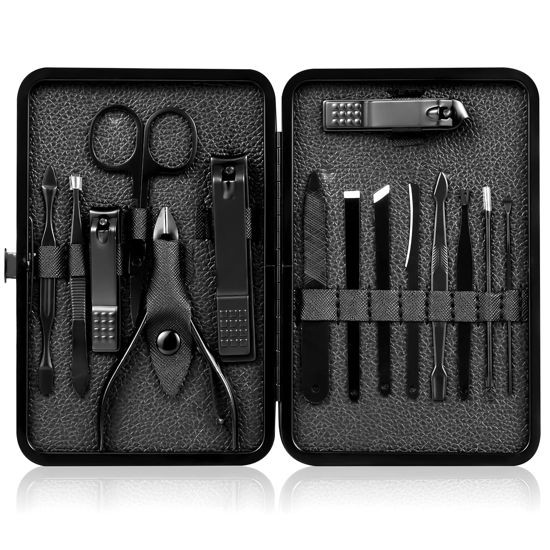 Picture of Nail Clippers Sets High Precisio Stainless Steel Nail Cutter Pedicure Kit Nail File Sharp Nail Scissors and Clipper Manicure Kit Fingernails & Toenails with Portable Stylish case (Black)