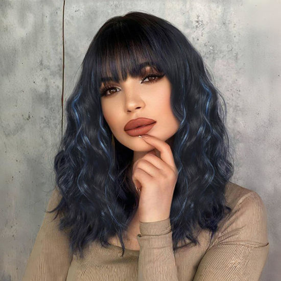 Picture of Ucubb Short Curly Wigs with Bangs for Women 14 Inches Wavy Bob Wig Synthetic Heat Resistant Fiber Wigs (Black Mixed Blue)