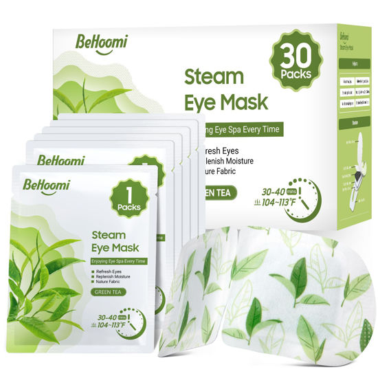 Picture of BeHoomi 30Packs Steam Eye Mask, Heated Eye Mask Warm Compress for Eyes, Self Heating Disposable Eye Masks for Home Sleep, Spa, Travel Essentials & Relaxation Gifts, Stocking Stuffers (Green Tea)