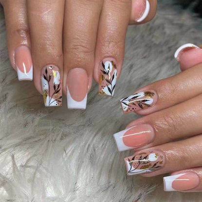 Picture of Foccna 24pcs French Tip Press on Nails Medium Pink Fake Nails Square Glossy White False Nail Tips Artificial Finger Manicure for Women and Girls
