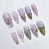 Picture of Flower Press on Nails Medium Almond Fake Nails Colorful Spring Floral False Nails with 3D Pearl Bow Designs Nude Pink Gradient Stick on Nails Full Cover Glossy Acrylic Glue on Nails for Women 24Pcs