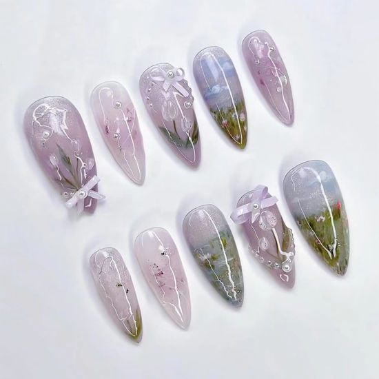 Picture of Flower Press on Nails Medium Almond Fake Nails Colorful Spring Floral False Nails with 3D Pearl Bow Designs Nude Pink Gradient Stick on Nails Full Cover Glossy Acrylic Glue on Nails for Women 24Pcs