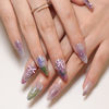 Picture of Flower Press on Nails Medium Almond Fake Nails Colorful Spring Floral False Nails with 3D Pearl Bow Designs Nude Pink Gradient Stick on Nails Full Cover Glossy Acrylic Glue on Nails for Women 24Pcs