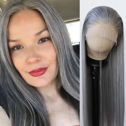 Picture of BTWTRY Gray Wig Long Straight Grandma Grey Synthetic Lace Front Wigs Pre Plucked Natural Hairline for Black Women Heat Resistant Fiber Hair Cosplay Daily Wear Wig (Grandma Grey)